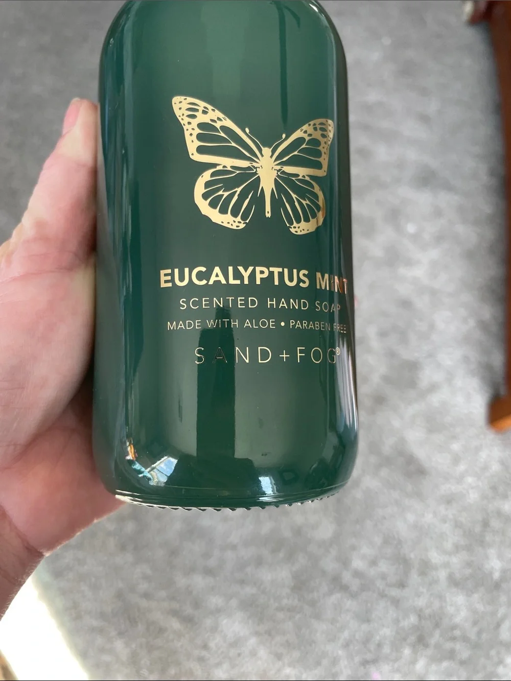 Eucalyptus Mint Hand Soap - Sand + Fog green / gold butterfly decorative bottle